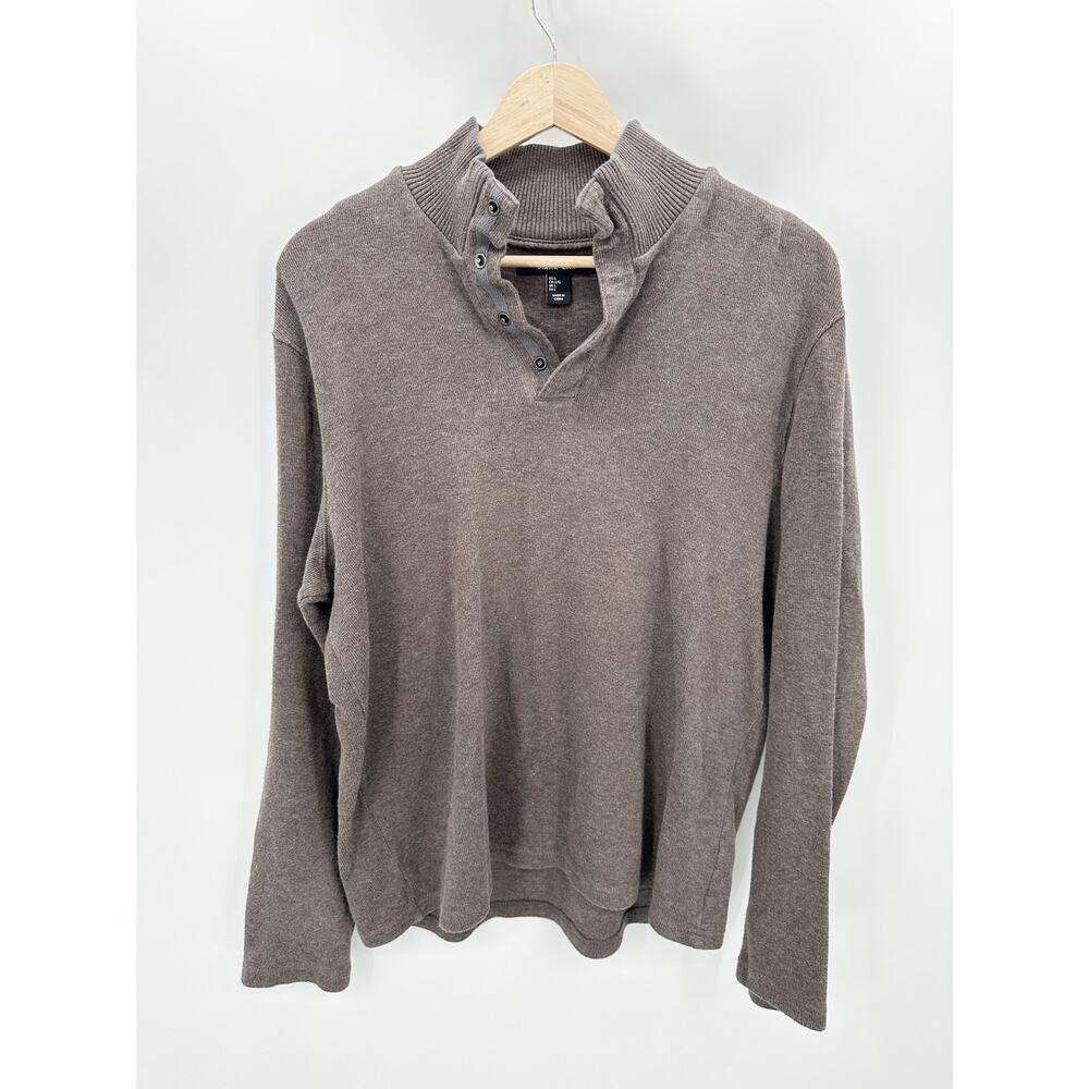 Mark Law Pullover Men LARGE Brown Long Sleeve Quarter Snap Mock Neck 100% Cotton
